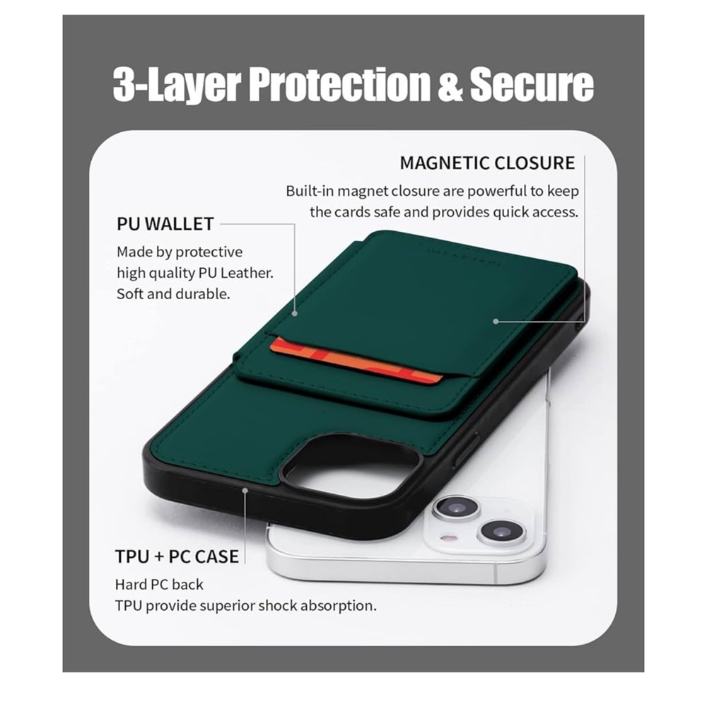 iPhone 14 5 Card Case Ultra Slim Magnetic Closure Shockproof Wallet Green - Picture 4 of 8